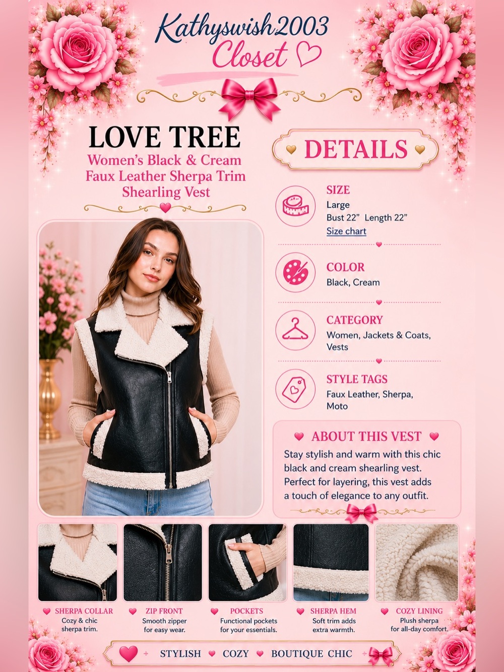 Women's Black and Cream Faux Leather Sherpa Trim Shearling Vest Size Lar… - Picture 3 of 16